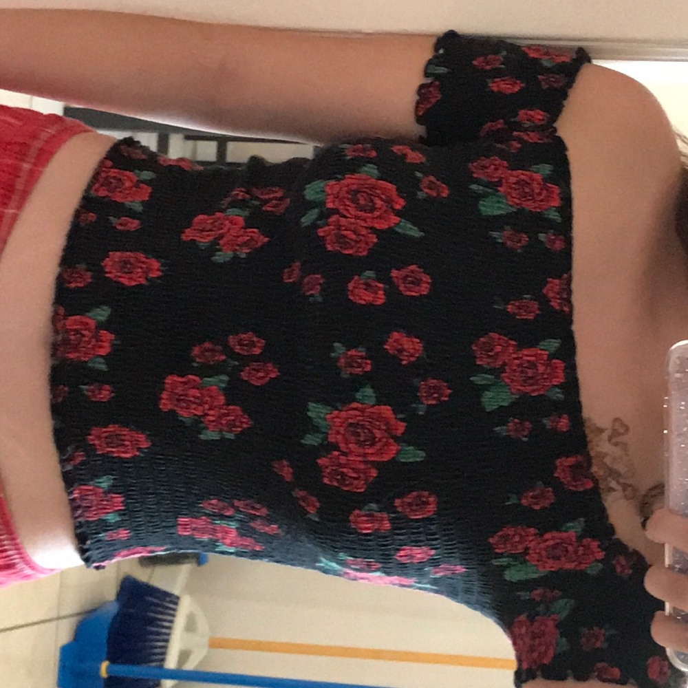 Off the shoulder black with red roses cropped top
